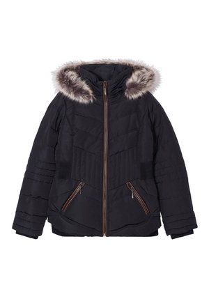Veste d'hiver rembourrée noire avec une capuche détachable doublée de fourrure, fermeture éclair à l'avant, panneaux latéraux élastiques et deux poches zippées.