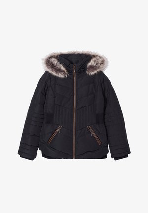 Zwarte gewatteerde winterjas met een afneembare capuchon met bontvoering, ritssluiting aan de voorkant, elastische zijpanelen en twee ritszakken.