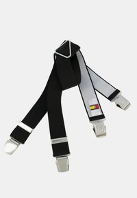Sorte seler med sølvfarvede metalclips, justerbare stropper og et hvidt indre med en farvetag. Glat tekstur og enkelt design.