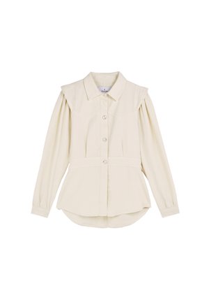 Camicetta leggera beige con colletto, maniche a sbuffo e orlo curvo. Presenta cuciture visibili e una vita aderente.