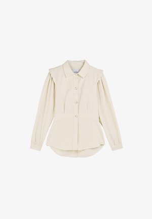 Camicetta leggera beige con colletto, maniche a sbuffo e orlo curvo. Presenta cuciture visibili e una vita aderente.