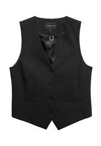 Zwarte vest gemaakt van gladde stof, met een V-hals, zes knoopsluitingen, twee voorkezen en een satijnen voering.