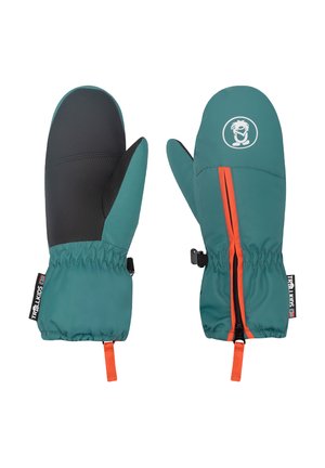 Children's teal winter mittens with black palm grip, orange zipper on back, elastic wrist, and cartoon logo on the top side.
