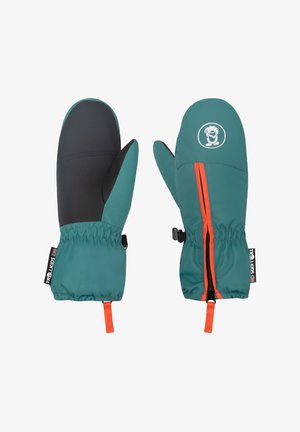 Kinder-winterfäustlinge in Türkis mit schwarzer Handflächenbeschichtung, orangefarbenem Reißverschluss auf der Rückseite, elastischem Handgelenk und Cartoongrafik auf der Oberseite.