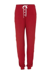 Rode joggers gemaakt van zachte stof, met een trekkoord in de taille, een vierknopen front en elastische enkelboorden.