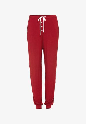 Rode joggers gemaakt van zachte stof, met een trekkoord in de taille, een vierknopen front en elastische enkelboorden.