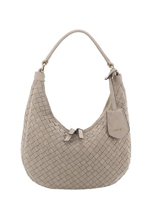 Woven beige suede handbag with a single handle, zipper closure, and a small attached tag on a white background.