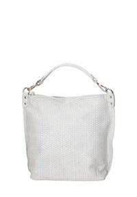 Borsa a tracolla in pelle intrecciata bianca con superficie testurizzata, dotata di una maniglia superiore unica e dettagli in metallo argentato. Forma compatta e strutturata.