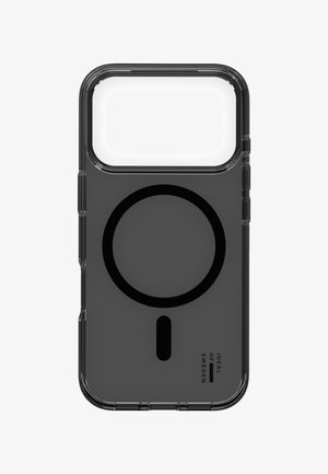 Funda de teléfono transparente negra con diseño circular de imán MagSafe, superficie lisa, bordes redondeados y texto de logo cerca de la parte inferior.