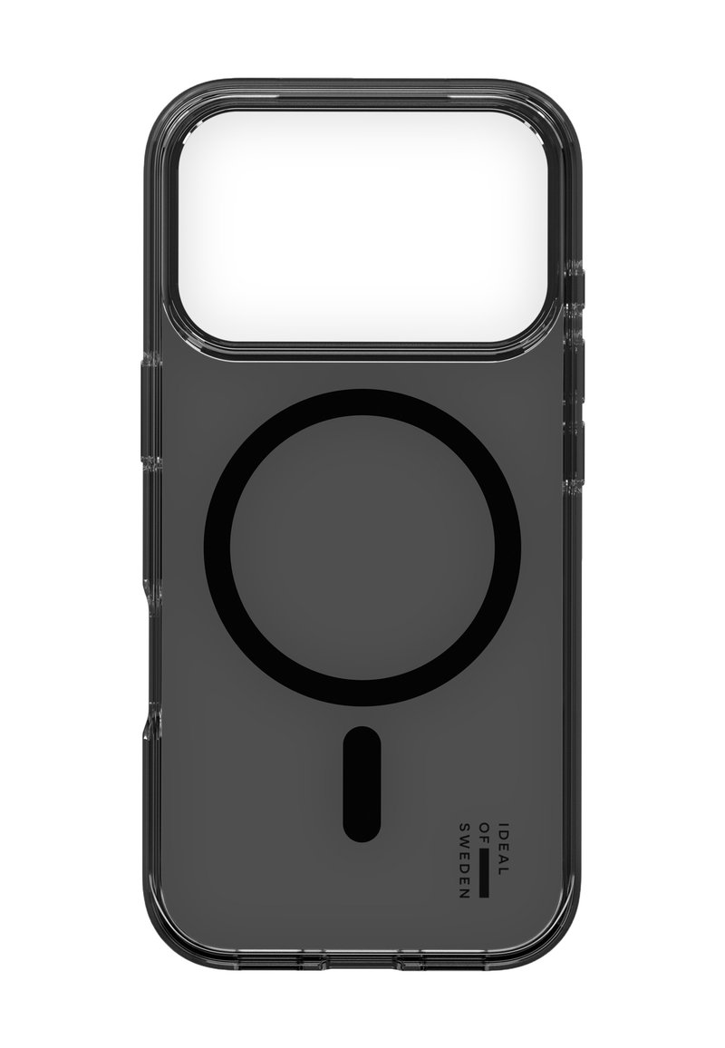 Sort gennemsigtigt telefoncover med et cirkulært MagSafe-magnetdesign, glat overflade, afrundede kanter og logo tekst nær bunden.