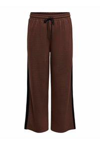 Smeđe široke hlače s crnim bočnim panelima, elastičnom strukom i crnom vezicom sprijeda.