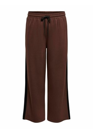 Bruine wijde broek met zwarte zijkanten, elastische tailleband en zwarte trekkoordsluiting aan de voorkant.