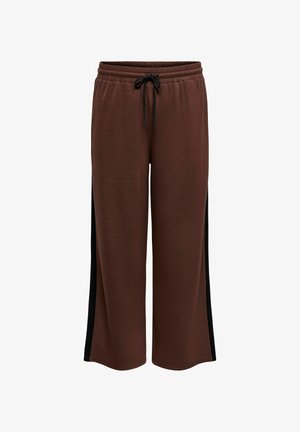 Braune weite Hose mit schwarzen Seitenpaneelen, elastischem Bund und schwarzem Kordelzug vorne.