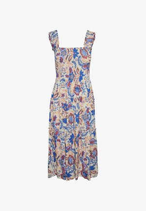 Vestido midi floral con escote cuadrado, tirantes con volantes, tela beige y patrones florales en azul, rosa y rojo. Diseño en capas con bolsillos.