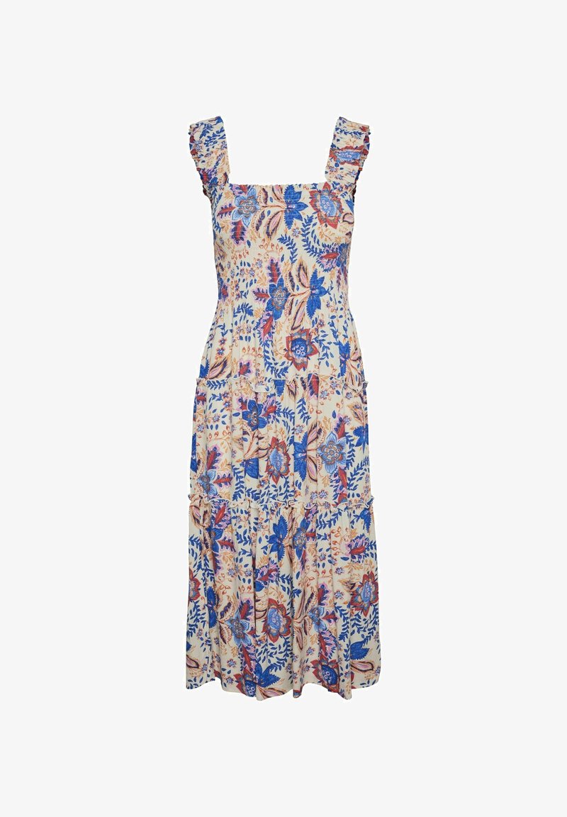 Robe midi fleurie avec un décolleté carré, des bretelles à volants, un tissu beige et des motifs floraux bleus, roses et rouges. Design à étages avec poches.