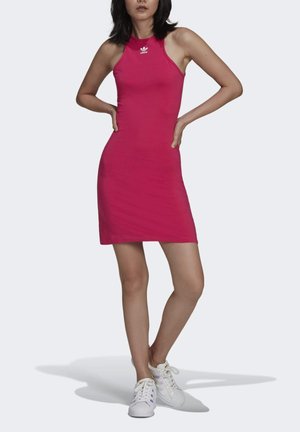 Fitted, sleeveless pink dress with a high neckline. Features a small white Adidas logo on the chest. Smooth, stretchy fabric.