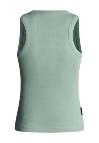 Débardeur vert clair côtelé avec un col rond et sans manches. Présente une texture lisse et une petite étiquette noire sur la couture latérale.