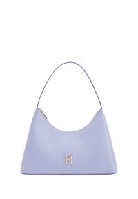 Borsa a tracolla in pelle viola con una superficie liscia, forma semicircolare e un'accattivante accentuazione in oro. Presenta una cerniera superiore e una singola tracolla.