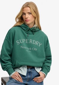 Zielona bluza z kapturem z napisem "SUPERDRY New York City". Posiada kaptur ze sznurkiem, kieszeń kangurkę oraz ściągacze na rękawach. Noszona na paskowaną koszulę.