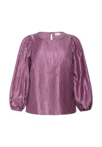 Blusa lunga viola con maniche a sbuffo, tessuto lucido e arricciato, scollo rotondo e chiusura con bottone a chiave sul retro.