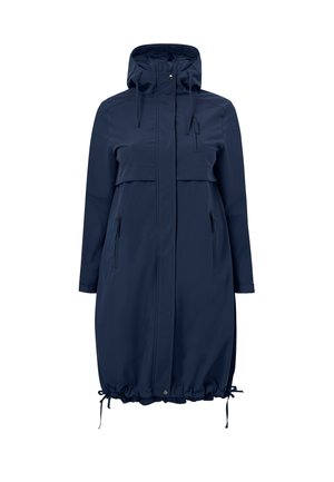 Marineblauw regenjack met capuchon, voorzien van een ritssluiting aan de voorkant, ritssluitingen op de borst- en zijzakken, en verstelbare trekkoorden aan de zoom en de capuchon.