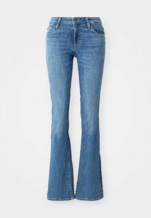Light blue flared jeans made from denim. Features a mid-rise waist, five-pocket design, and subtle fading throughout. Stitched details on seams.