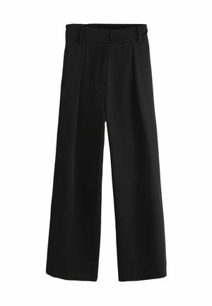 Black wide-leg pants with a high waistband, featuring an elastic back, pleats at the front, and a smooth fabric texture.