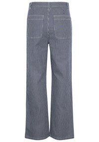 Brede pijpenbroeken in marineblauw en witte strepen, met twee achterzakken, een hoge taille en een zachte katoentextuur.