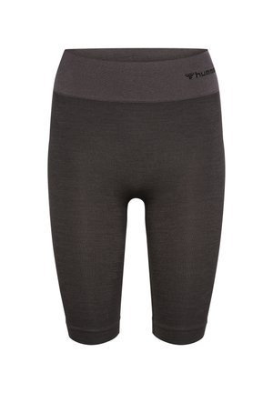 Mørkegrå tætsiddende sportsshorts til knæet med bred linning og diskret logo på højre side.