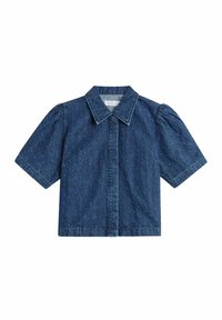 Donkerblauwe denimshirt met korte puffmouwen, een puntige kraag en knoopsluiting aan de voorkant. Heeft een subtiel textuurpatroon overal.