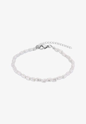 Bracciale di perle bianche con perline di forma irregolare, chiuso con una chiusura in argento e catena regolabile. Texture liscia e lucentezza delicata.