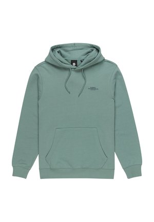 Green cotton hoodie with a kangaroo pocket, adjustable drawstring, and small logo printed on the chest. Soft texture, casual design.