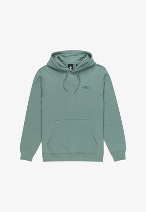 Grüne Baumwollkapuzenjacke mit Kängurutasche, verstellbarem Kordelzug und kleinem Logo auf der Brust. Weicher Stoff, lässiges Design.