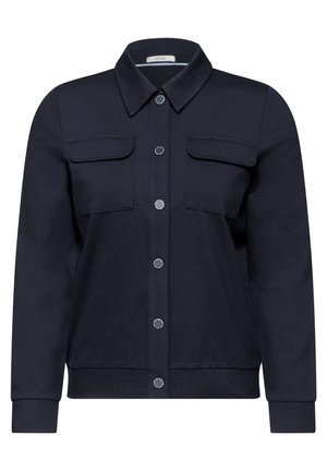 Marineblauw jack met knopen, kraag, lange mouwen en twee klepzakken aan de voorkant.