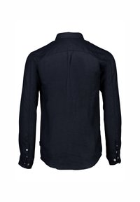 Camicia a maniche lunghe blu navy in lino, con colletto classico, chiusura a bottoni e cucitura posteriore dritta senza motivi visibili.