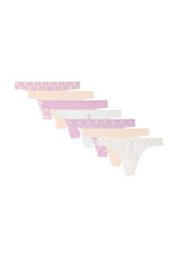 Eight pairs of women’s thongs in various pastel shades of pink, purple, and white, featuring floral and geometric patterns. Soft cotton material.