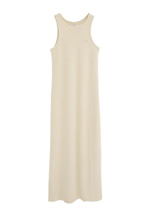 Ærmeløs lang beige frottékjole med rund halsudskæring og lille "Polo Club"-label på brystet.