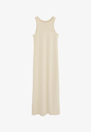 Długa, bezrękawna, beżowa sukienka z froty z okrągłym dekoltem i małą metką "Polo Club" na piersi.