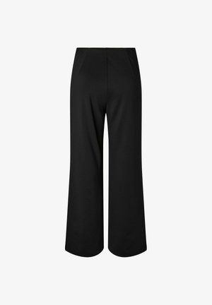 Pantalon noir à jambes larges avec une taille haute et de subtiles plis, vu de dos sur un fond blanc.