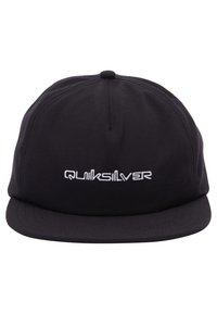 Black cap made of fabric with a flat brim, featuring white embroidered "Quiksilver" logo on the front and a round top button.