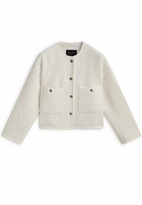 Biała krótka kurtka z teksturowanej tkaniny, z długimi rękawami, dwiema przednimi kieszeniami oraz zapięciem na guziki w kolorze złotym.