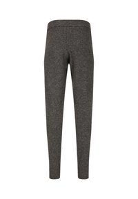 Gray knit leggings with a slim fit, elastic waistband, and ribbed cuffs, showcasing a soft texture and simple design.