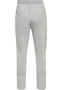 Hellgraue Sweatpants mit elastischem Bund, schmal zulaufendem Schnitt und vertikalem dunkelgrauem Streifenmuster an den Seiten. Weiche Textur, lässiges Design.