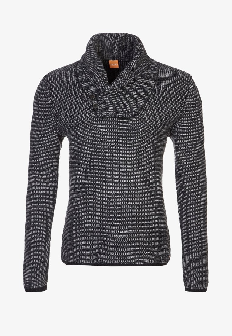 Pull en maille bleu marine comportant un col châle, une fermeture à deux boutons, et un motif texturé sur l'ensemble, avec des poignets et un ourlet côtelés.