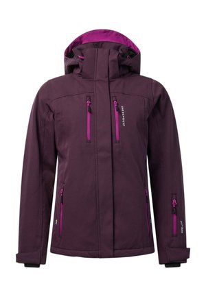 Donkerpaarse waterdichte jas met capuchon, vier verticale roze ritssluitingen en merknaam op borst en mouw.