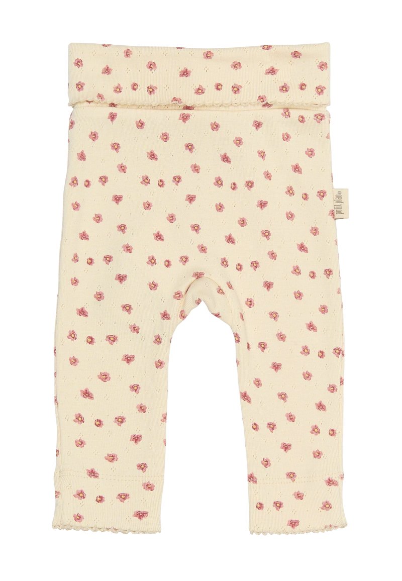 Leggings de crema claro con pequeño estampado floral en rosa, material de algodón suave, cinturilla elástica y borde ondulado en los tobillos.
