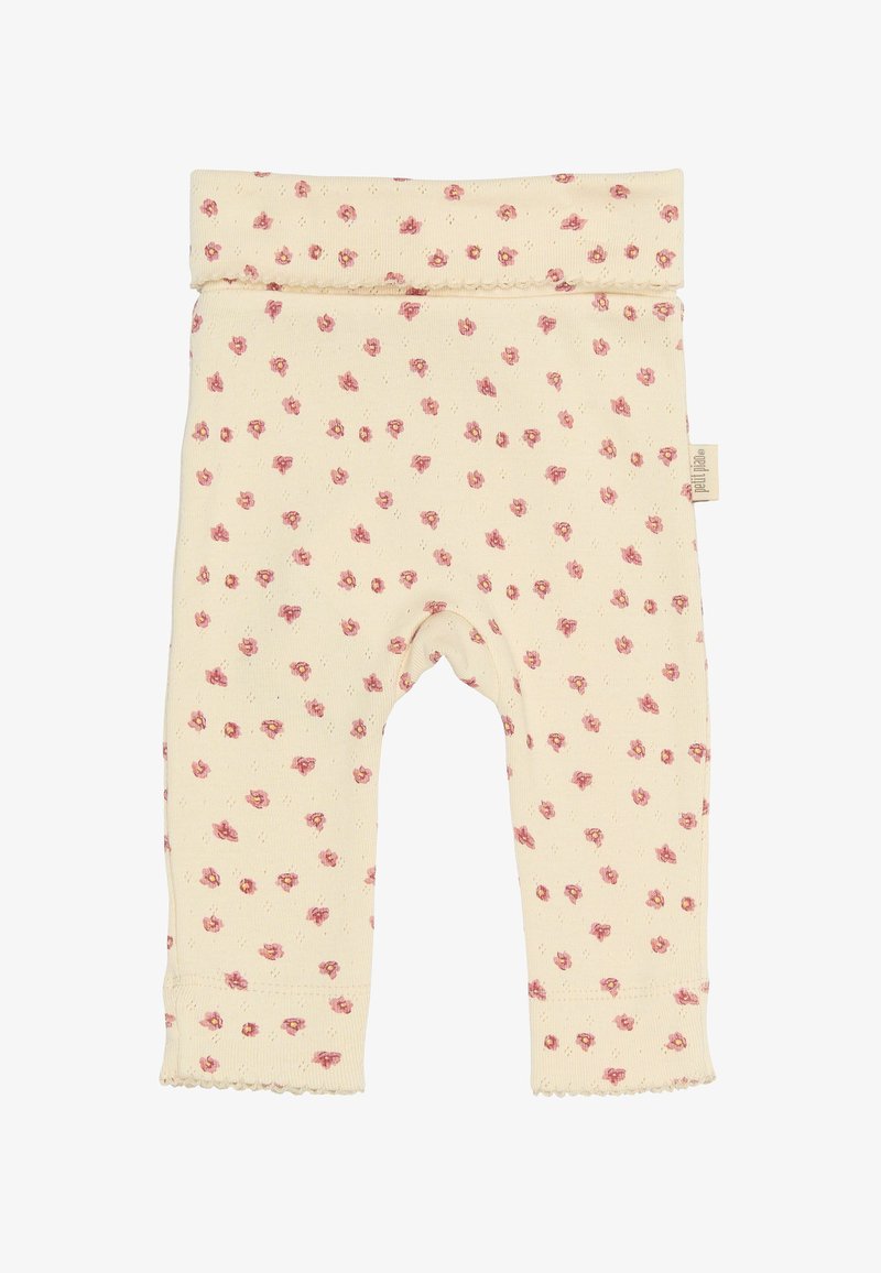 Svetlo kreme spodnje hlače z majhnim rožnatim cvetličnim vzorcem, mehka bombažna tkanina, elastičen pas in valovit rob na gležnjih.