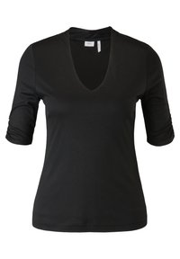 Top noir à manches courtes en V fabriqué dans un tissu lisse. Présente des manches froncées et une silhouette ajustée. Design uni sans motifs ni accents.
