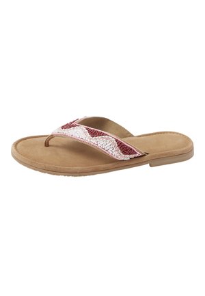 Brun flad sandal med stofrem mellem tæerne med pink og hvid bølget broderi, blød polstret sål og glat ydersål.