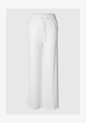 Weiße weite Hose aus leichtem Stoff, mit elastischem Bund und Kordelzug sowie einer glatten Textur.